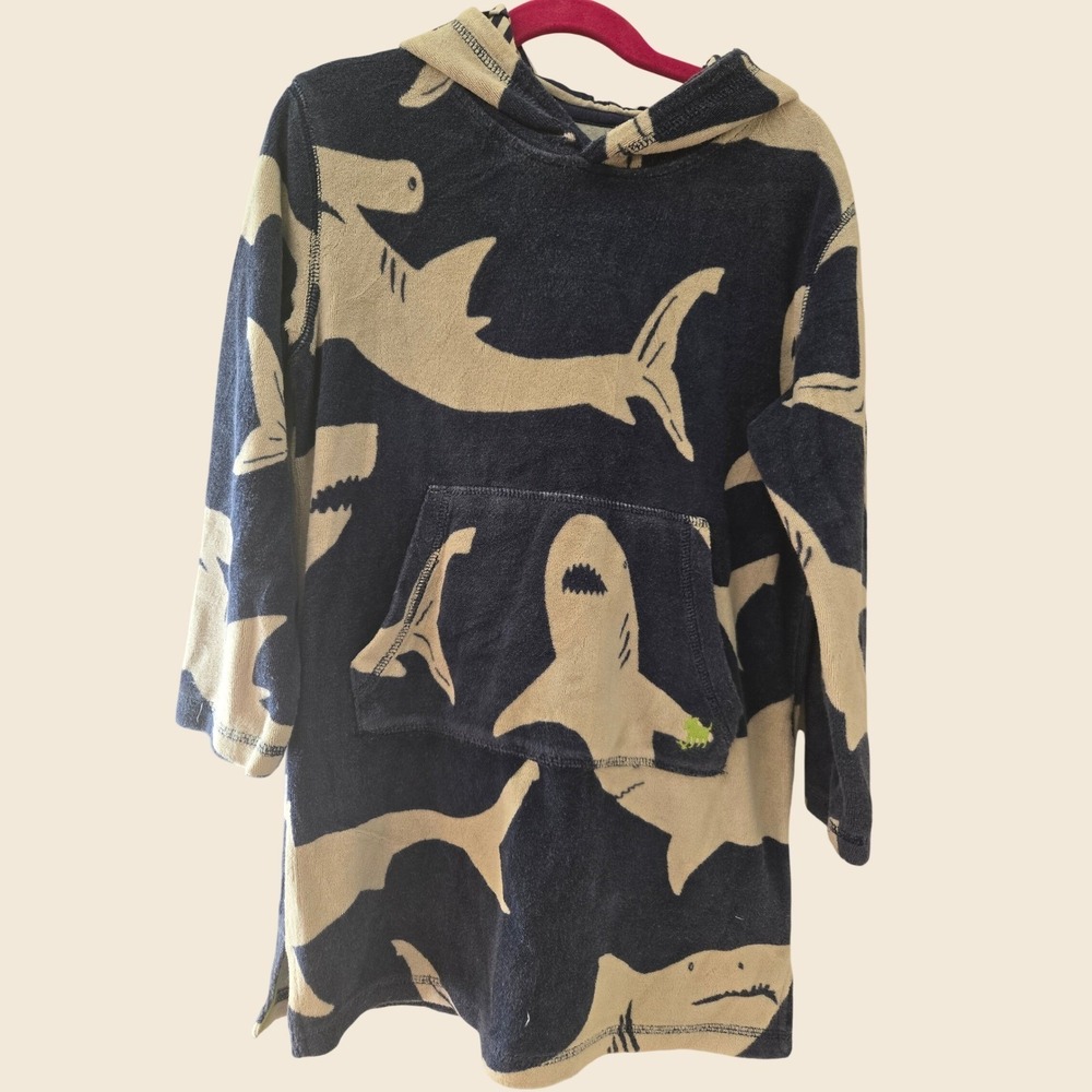 Mini Boden Kids Navy Shark Print Hooded Terry Cloth Towel Cover-Up Size 7-8Y